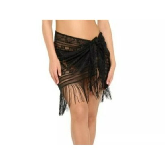 Black Sheer Lace Fringe Swim Cover-Up Sarong Womens One Size - Picture 1 of 10